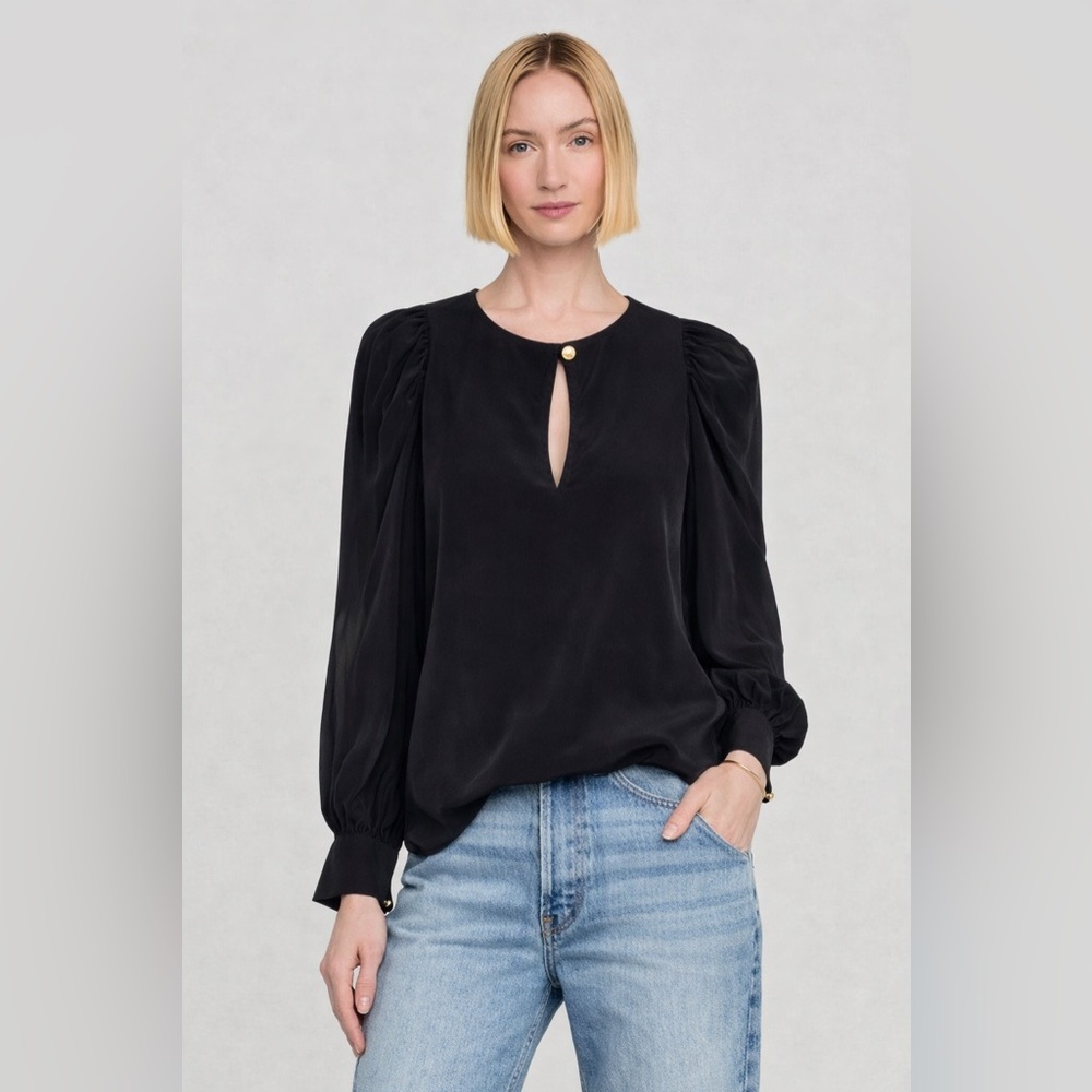 Marie Oliver Black Silk Blouse – XS – Sheer Balloon Sleeves, Cut-Out Detail